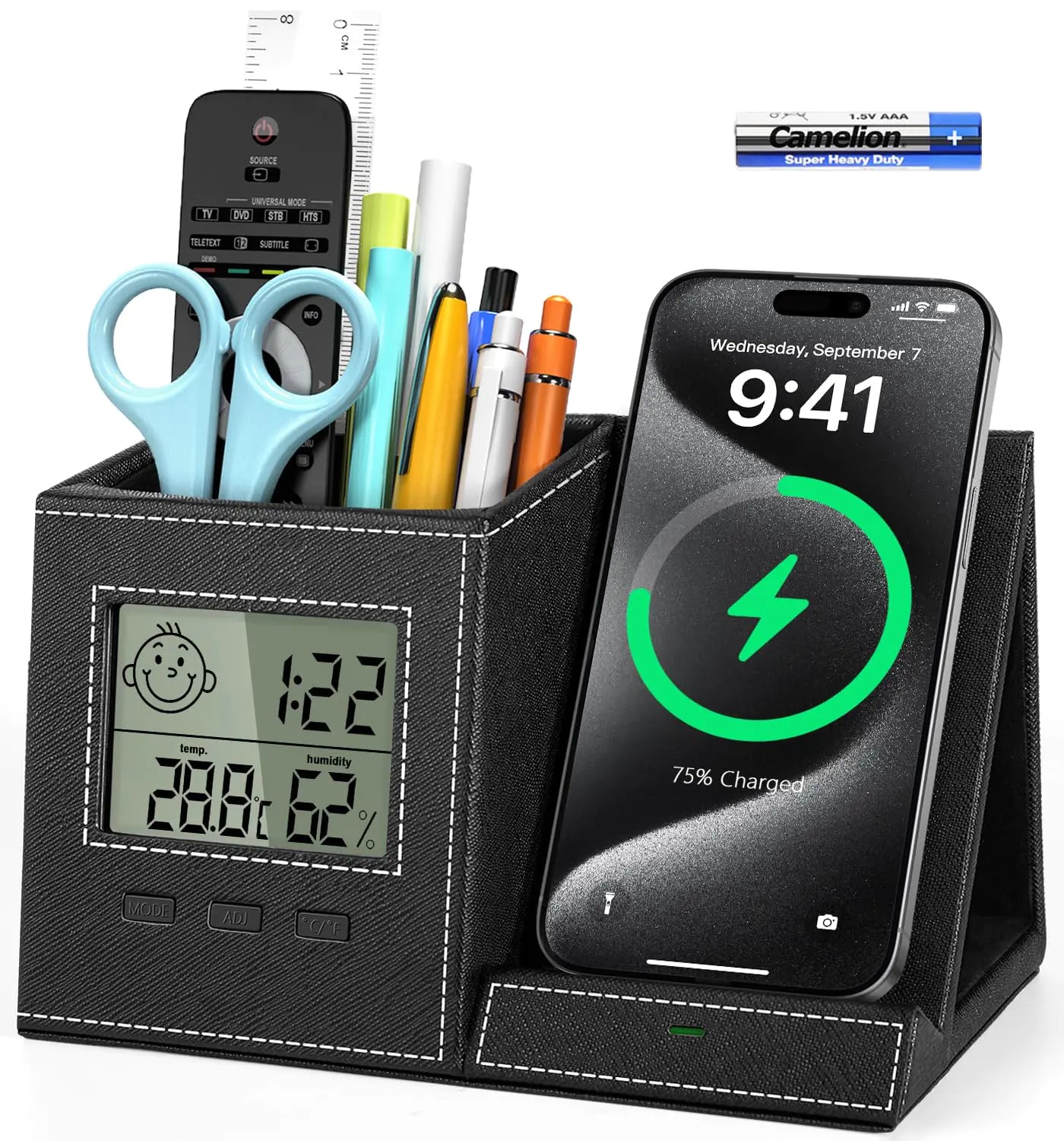 Pen Holder for Desk Desk Organizer with Wireless Charger Digital Indoor Thermometer and Humidity Monitor Multi-Functional Pencil Organizer Desk Organizers and Accessories for Home Office Supplies